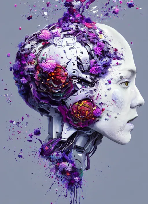 Prompt: a painting by artgerm of a 3 d white robot head with flowers growing out, highly detailed, color bleeding, pixel sorting, plain purple background, studio lighting, high contrast, bold composition, abstract paint color splotches