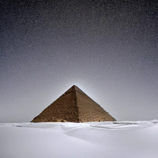 Image similar to photorealistic photograph of the great pyramid of giza in a blizzard by suzi eszterhas, photorealism, photorealistic, realism, real, highly detailed, ultra detailed, detailed, f / 2. 8 l canon ef is lens, canon eos - 1 d mark ii, wildlife photographer of the year, pulitzer prize for photography, 8 k