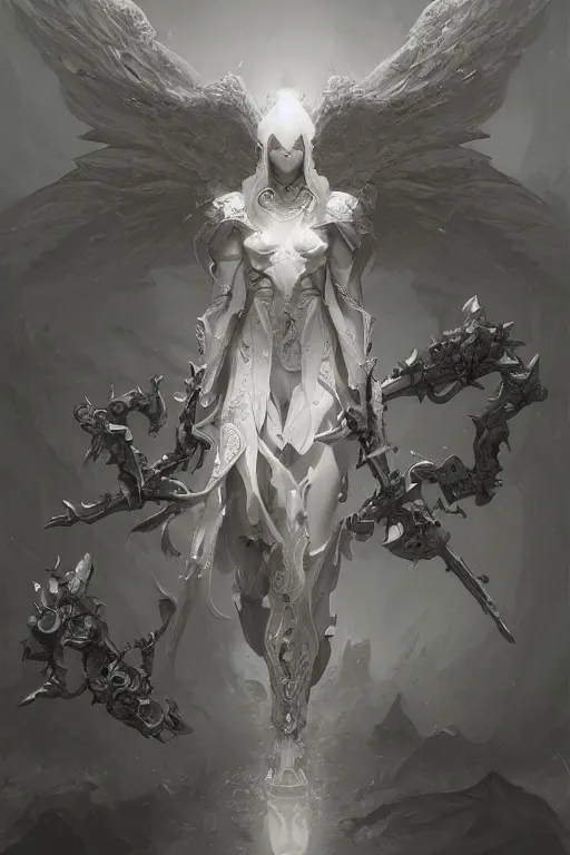 Image similar to white angel, ornate, intricate and detailed, rule of thirds, Art by Peter Mohrbacher, Tsutomu Nihei, unreal engine, pixar, video game