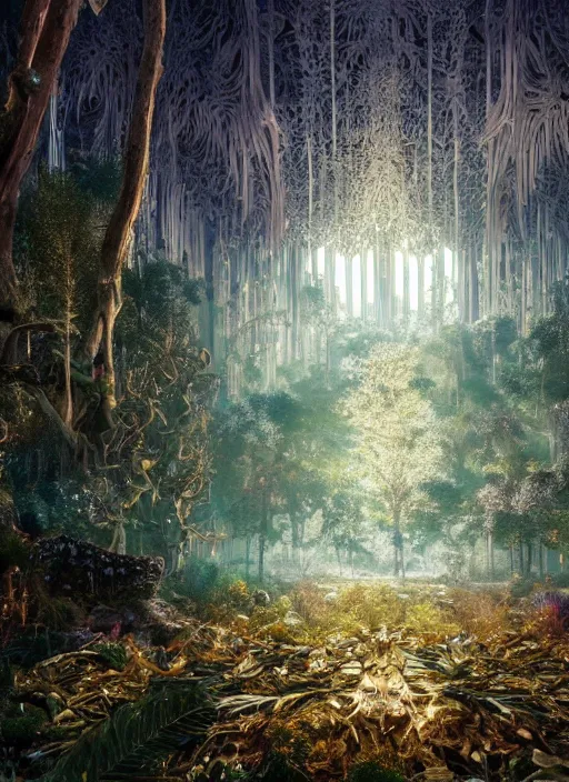 Image similar to beauteous sumptuous white pearlescent iridescent organic forest, crystal, gold, copper, bronze biomechanical with incredible iridescent pearlescent voluminous neon vegetation, crystalline masterpiece incrustations, hyperdetailed animals, movie still, intricate, octane render, cinematic forest lighting, unreal engine, crepuscular rays, god rays