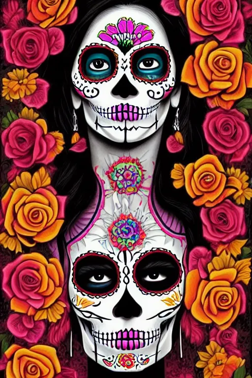 Prompt: dia de los muertos theme poster!!! art by artemio rodriguez!!, lisa brawn, and gustave bauman, intricate, accurate facial details, profile picture, artgerm, retro, nostalgic, old fashioned, posterized color