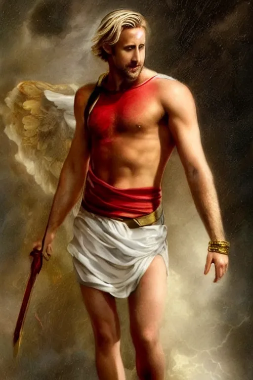 Image similar to painted portrait of ryan gosling as rugged zeus god of thunder greek god white hair masculine handsome upper body red and gold broad shoulders