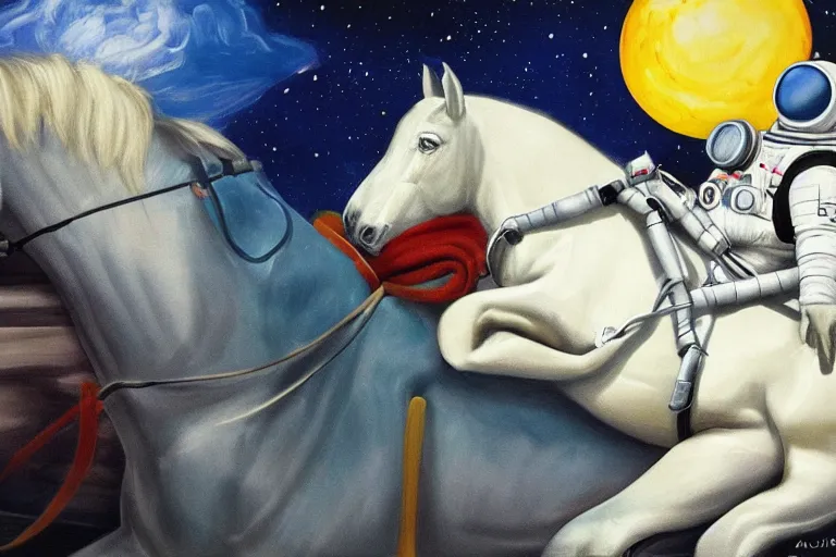 Prompt: horse lying on astronaut, arstation