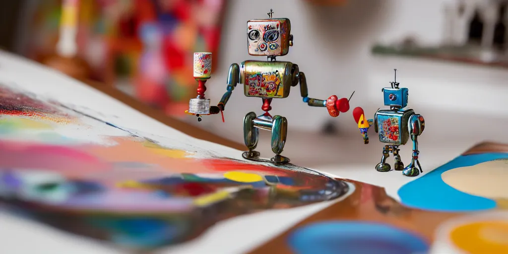 Image similar to closeup portrait of tin toy retro robot painter mixing gouache on white paper table in an artist workshop, depth of field, zeiss lens, detailed, centered, fashion photoshoot, by nicoletta ceccoli, mark ryden, lostfish, breathtaking, 8 k resolution, extremely detailed, beautiful, establishing shot, artistic, hyperrealistic, octane render