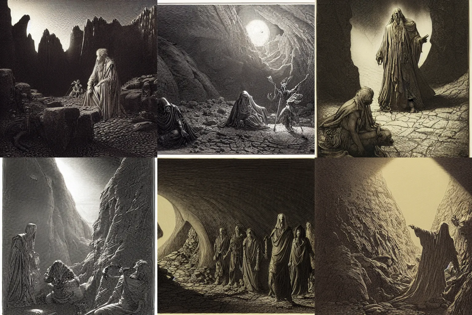 Prompt: etching by Franklin Booth and Gustav Doré showing frightened sorcerer in the desert by night, surrounded by nightmares in the shadows, mystic athmosphere, by Greg Rutkowski, deformed rocks, snakes, scorpions, UHD, 8K,