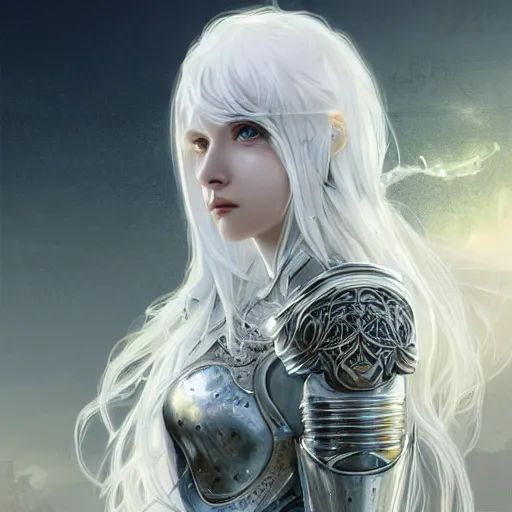 Image similar to portrait white hair knights of Zodiac girl, Sliver ice color reflected armor, in ruined Agora of Athens Sunrise, ssci-fi and fantasy, intricate and very very beautiful and elegant, highly detailed, digital painting, artstation, concept art, smooth and sharp focus, illustration, art by tian zi and WLOP and alphonse mucha