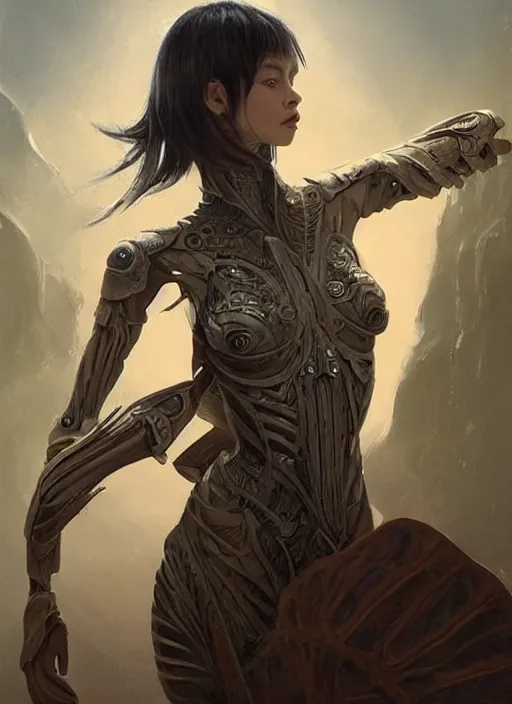 Image similar to a professional painting of a beautiful young female alien, clothed in ethereal armor, olive skin, long dark hair, beautiful bone structure, symmetrical facial features, intricate, elegant, digital painting, concept art, smooth, sharp focus, illustration, from Valerian and the City of a Thousand Planets, by Ruan Jia and Mandy Jurgens and Artgerm and William-Adolphe Bouguerea