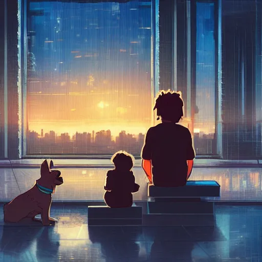 Prompt: a dog and a child sitting and looking at the sunset in a cyberpunk city, digital art by the rusted pixel