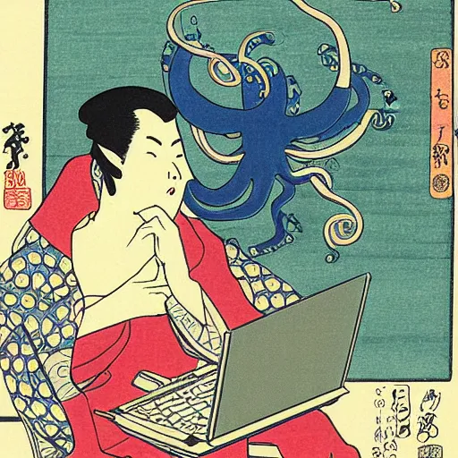 Prompt: an octopus using a laptop to hack into a server, ukiyo-e by Utagawa Kuniyoshi