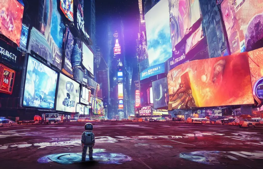 Prompt: A hyperrealistic low angle shot of a tiny astronaut , with a psychedelic mushroom on the screen, in a post apocalyptic Times square New York City, at night, unreal 5, DAZ, hyperrealistic, octane render, dynamic lighting