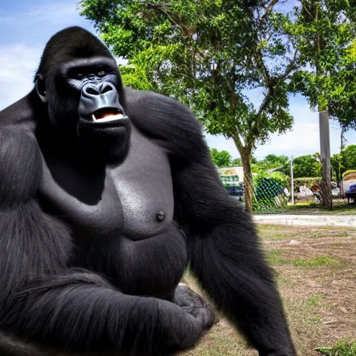 Image similar to big black man with gorilla body eating bananas in the hood, 8k resolution, full HD, cinematic lighting, award winning, anatomically correct