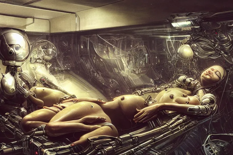 Image similar to the birth of the cyborg sleeping chambre / artificial womb by david pearce. hedonic imperative expressed as a pan - species techno - utopia imagined by jim burns and james gurney. masterpiece scifi artwork, trending on artstation, 8 k