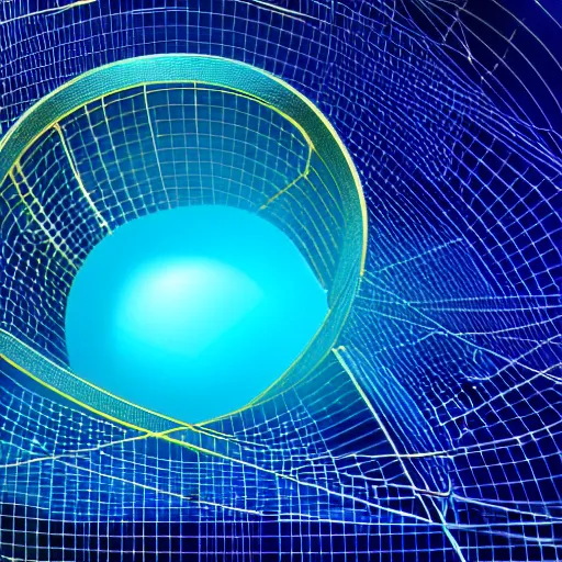 Prompt: a black hole inside a golden dodecahedron wireframe structure, deep blue and dark cyan nebula background, highly detailed artwork