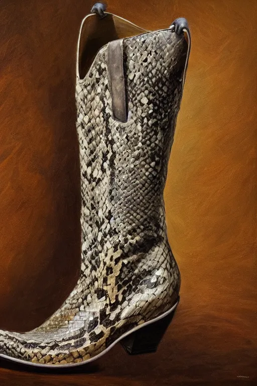 Image similar to cowboy boot with a snake coming out of it, oil on canvas, intricate, 8 k highly professionally detailed, hdr, cgsociety