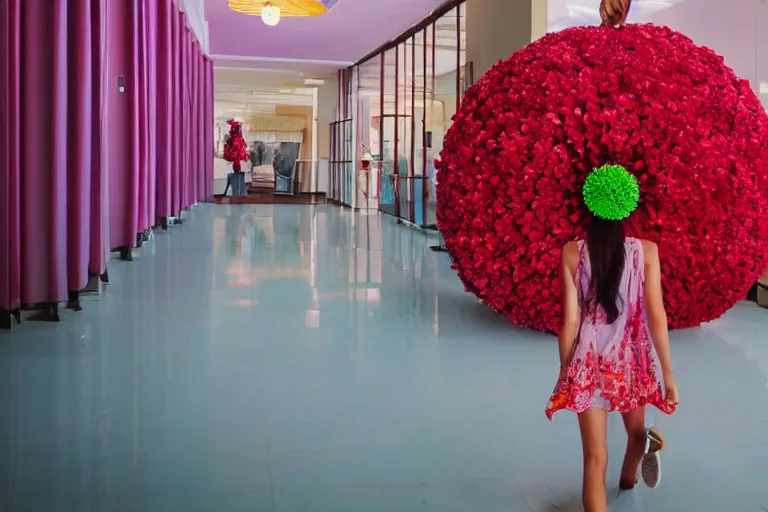 Image similar to giant flower head, girl walking in hotel, surreal, symmetry, flat space, fanciful, colourful, detailed, wes anderson