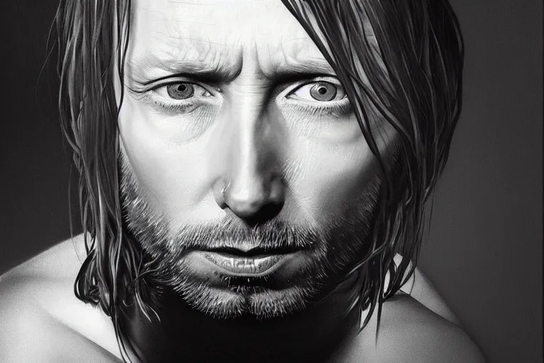 Prompt: hyper realistic portrait of thom yorke mixed with kurt cobain, bigger forehead, bigger chin, from the side, by lee bermejo, alphonse mucha and greg rutkowski