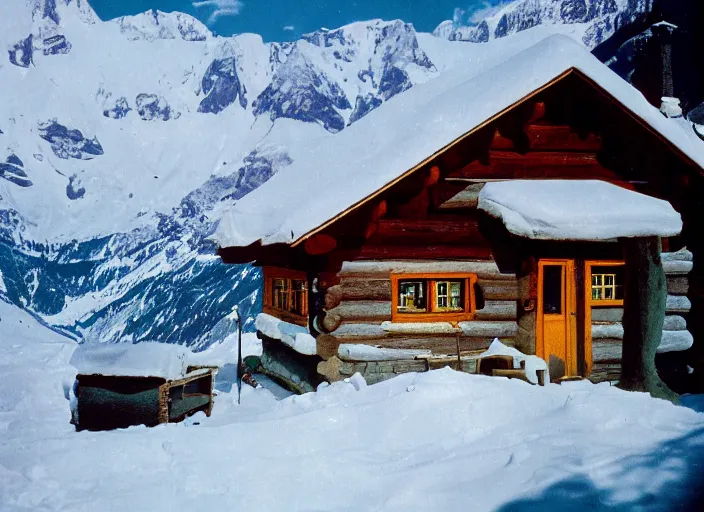 Image similar to a 3 5 mm kodachrome photo of a cozy cabin in the swiss alps in the 1 9 5 0's