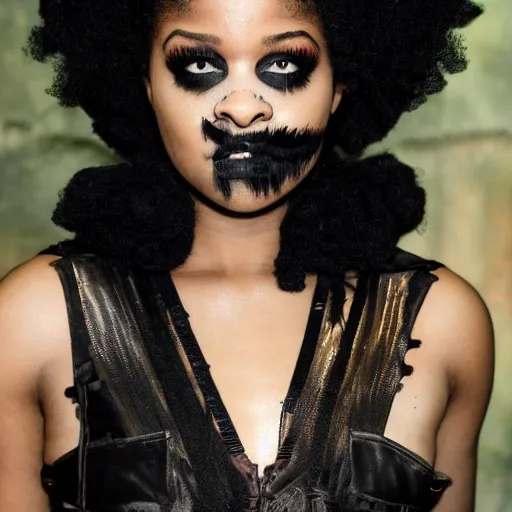 Prompt: ari Lennox in black goth spider makeup, fantasy style, magic, wizard, energy, cinematic portrait
