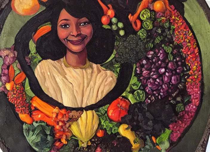 Prompt: an art nouveau oil painting of a beautiful, smiling black woman entirely made from vegetables, flowers and fruits, within a circle