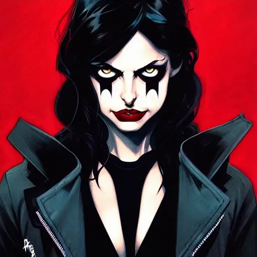 Image similar to rafael albuquerque comic art, peter mohrbacher, phil noto, steve niles, artgerm, pretty willa holland vampire sharp vampire teeth open mouth, symmetrical eyes, black leather jacket, jeans, long black hair