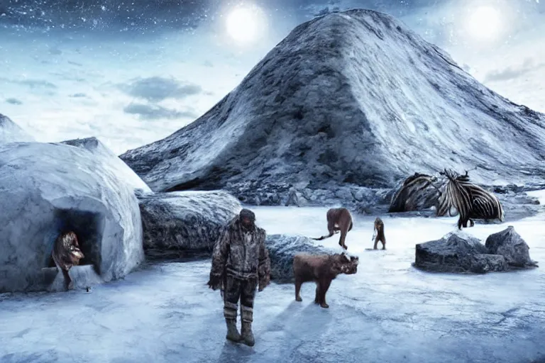 Prompt: the most amazing dream you ever had about black african hunters at arctic near an igloo, hyper realistic, ambient lighting, concept art, intricate, hyper detailed, smooth, dynamic volumetric lighting, octane, cinematic