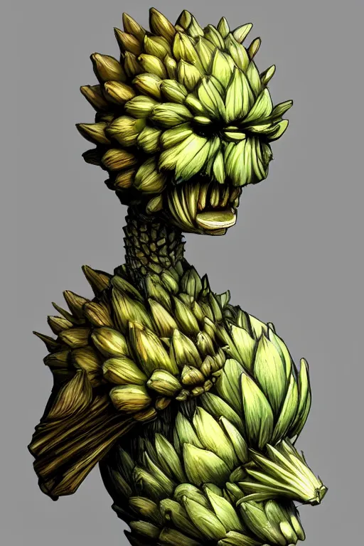 Image similar to humanoid figure with an artichoke head, highly detailed, digital art, sharp focus, trending on art station, monster, glowing eyes, anime art style