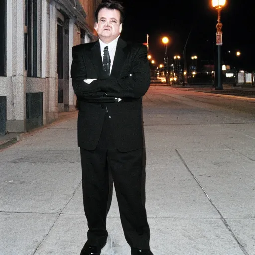 Prompt: 1 9 9 7 nathan lane wearing a black suit and necktie standing on the streets of chicago at night.