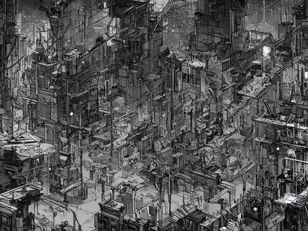 Image similar to industrial neighborhood in a cyberpunk city, in the style of james jean and laurie greasley, dynamic composition, dramatic lighting, hyper - realistic, ultra detailed