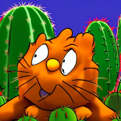 Prompt: garfield fighting a cactus
