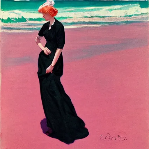 Image similar to woman in black dress in the middle of the beach, pink ocean, leyendecker style