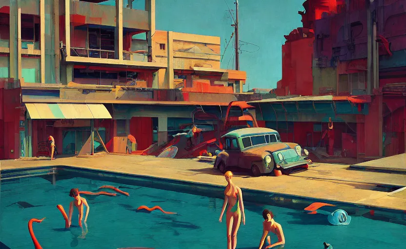 Image similar to A junkyard with a big pool, very coherent, painted by Edward Hopper, Wayne Barlowe, painted by James Gilleard, airbrush, art by JamesJean