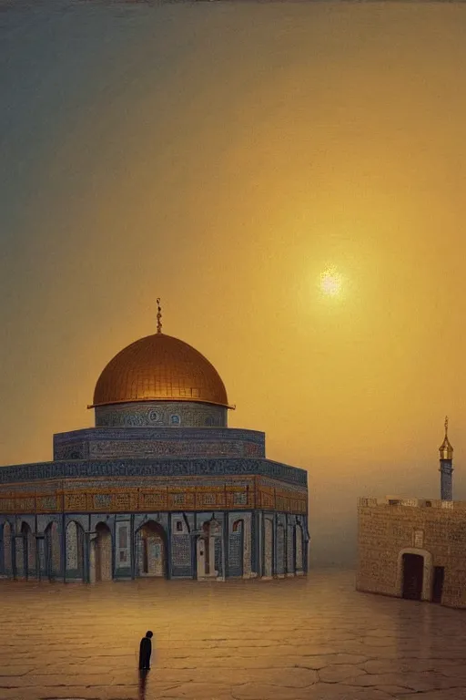 Prompt: a beautiful illustration of dome of the rock jerusalem and a silhouette of a muslim is praying in front of it, impasto paint in the style of martin johnson heade and h. r. giger