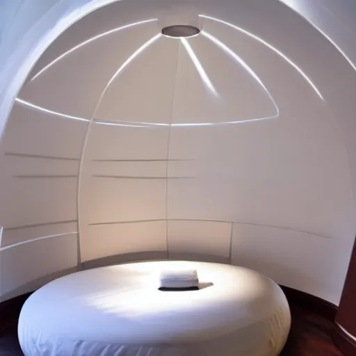 Prompt: a round spherical room with a bed and soft light. music is playing