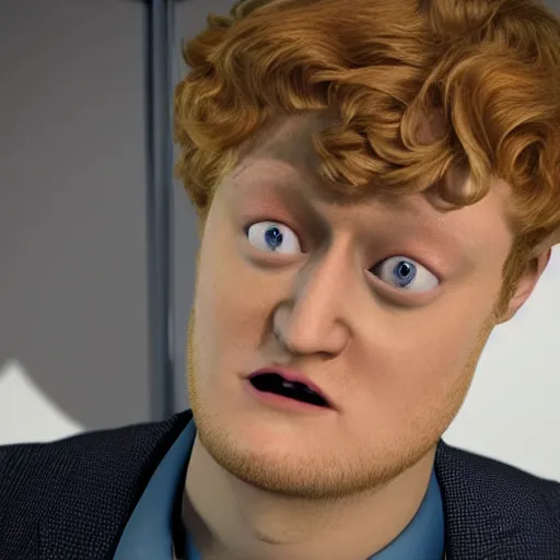 Image similar to realistic computer still of James Acaster in Five Nights at Freddys