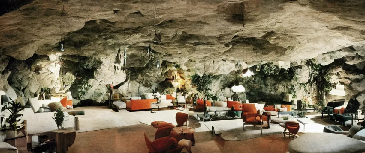 Prompt: 1970s interior design magazine photo of a living room built into a cave, with hanging plants and hanging lamps, and couches and chairs, grainy, sunfaded, the walls are made of rock