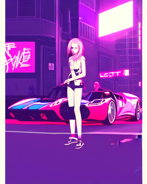 Image similar to digital illustration of cyberpunk pretty girl with pink hair, standing by a blue ford gt in a street at night, under streetlights, by makoto shinkai, ilya kuvshinov, lois van baarle, rossdraws, basquiat