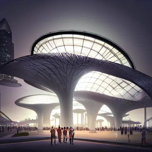 Image similar to singapore pavillion architecture exterior at the next world expo designed by zaha hadid, elegant atmosphere, glowing lights, highly detailed, digital painting, artstation, concept art, smooth, sharp focus, illustration, art by wlop, mars ravelo and greg rutkowski