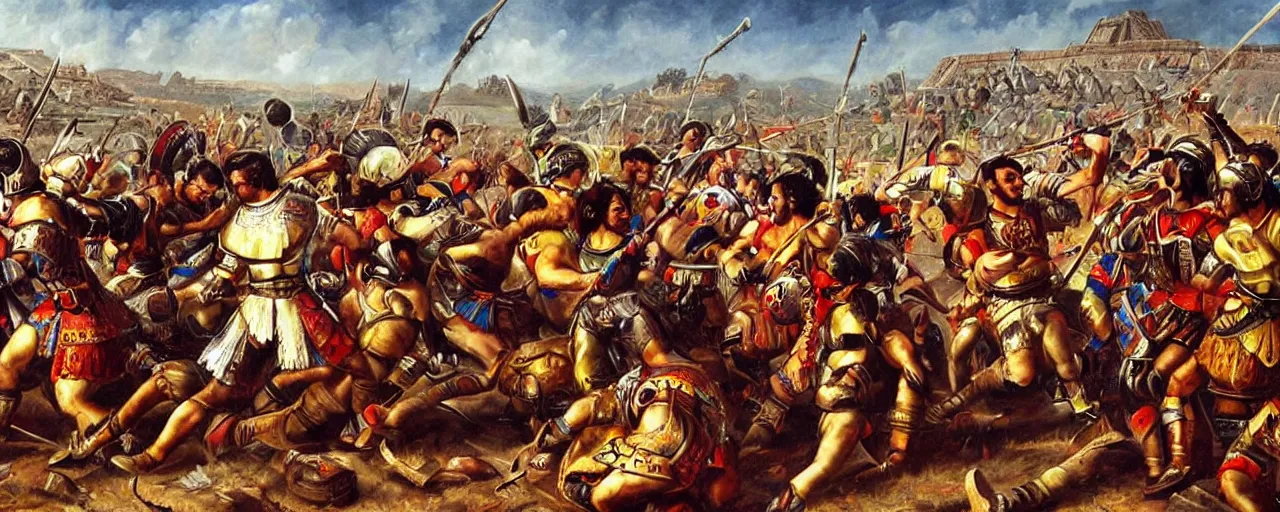 Prompt: spaniards conquerors fighting aztec warriors between the mexican pyramids, daniel lezama painting style, hyperrealistic