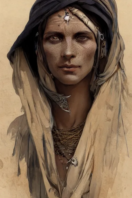 Prompt: a full body portrait of a beautiful post apocalyptic offworld desert bedouin blind beggar by the road, intricate, elegant, highly detailed, digital painting, artstation, concept art, smooth, sharp focus, illustration, art by krenz cushart and artem demura and alphonse mucha