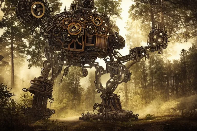 Image similar to steampunk colossal mech fortress travels across a swedish forest very low angle photograph trending on artstation