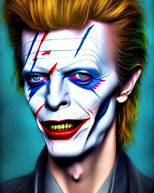 Image similar to character full body portrait of david bowie as the joker | | realistic shaded, unpleasant face, bad looking, fine details, realistic shaded lighting poster by greg rutkowski, magali villeneuve, artgerm, jeremy lipkin and michael garmash and rob rey