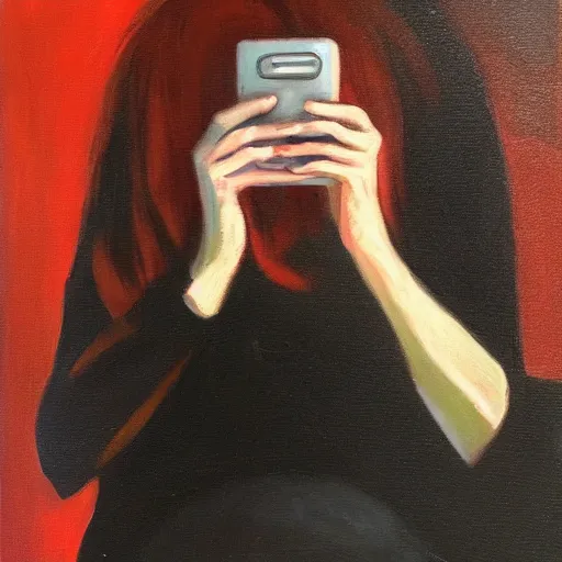 Image similar to red head woman, on her iPhone, trying to figure out how to use discord. Oil painting.