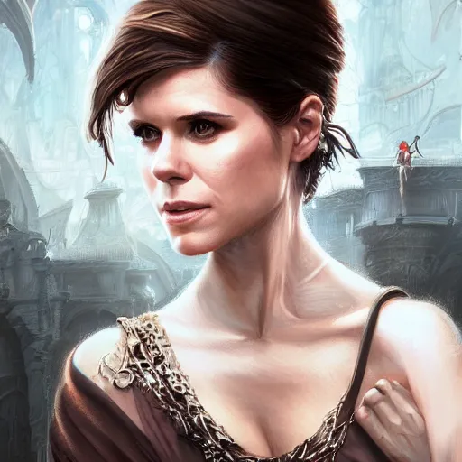 Image similar to a portrait of kate mara as a sorceress, urban motifs, intricate, elegant, highly detailed, digital painting, trending on artstation, concept art, smooth sharp focus, illustration, art by artgerm and greg rutkowski