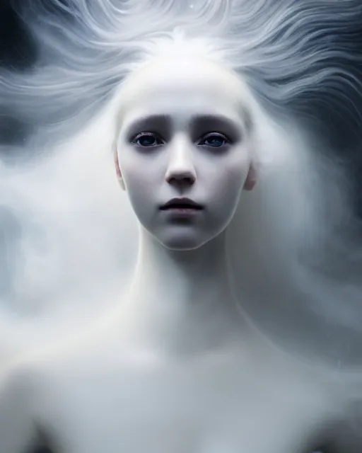 Prompt: delicate, dreamy, feminine, subsurface scattering, white, young beautiful robot - cyborg in cosmos long white hair floating in air, fluid smoke art, black and white, octane render, dino valls, mark ryden, joe fenton, michal karcz, highly detailed, rim light, art, cinematic lighting, very coherent, hyper realism, 8 k