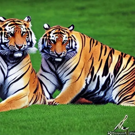 Prompt: two siberian tigers with bat wings posing like super models staring into your eyes with bright blue irises.