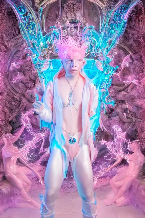 Prompt: full-body rococo and cyberpunk delicate neon crystalline sculpture of ((young muscular albino prince Sean Mendez)) as an iridescent humanoid deity wearing ((peach plastic hooded cloak)) (holding a human skull) in a white castle dungeon, reclining, glowing pink face, crown of (pink lasers), large blue diamonds, swirling black silk fabric. futuristic elements. oozing glowing liquid, full-length view. space robots. intricate artwork by caravaggio. Trending on artstation, octane render, cinematic lighting from the right, hyper realism, octane render, 8k, depth of field, 3D