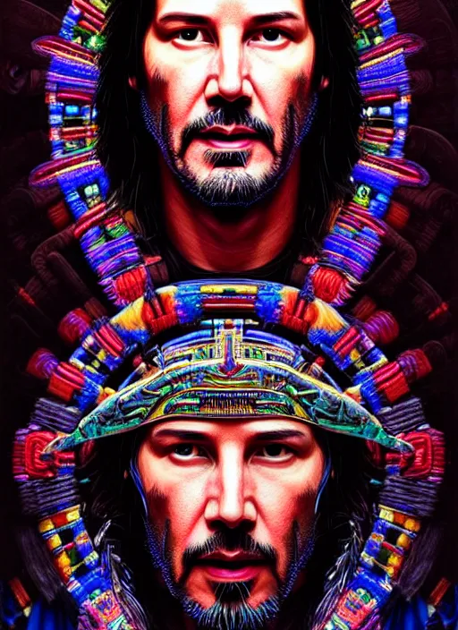 Image similar to portrait of keanu reeves, hyper detailed ultra sharp aztec shaman warrior. trending on artstation, warpaint aesthetic, bloodwave, colorful, psychedelic, ornate, intricate, digital painting, concept art, smooth, sharp focus, illustration, art by artgerm and greg rutkowski and h. r. giger, 8 k