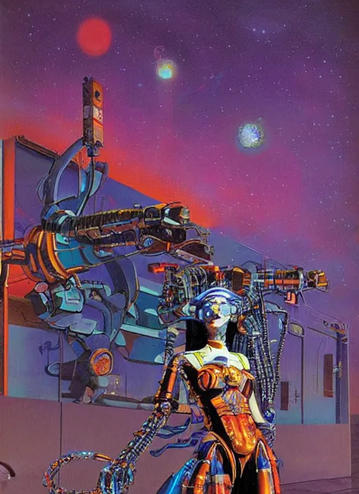 Image similar to Robotic beautiful shaman woman posing in front of a space station painted by Hajime Sorayama and moebius, chris foss , tarot, dramatic lighting