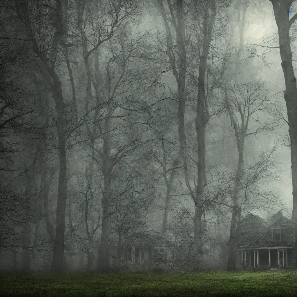 Prompt: big old house in a creepy forest, light, photorealistic, 4k,