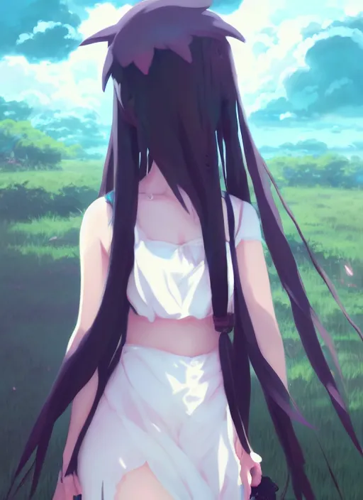 Image similar to portrait of cute goth girl, cloudy sky background lush landscape illustration concept art anime key visual trending pixiv fanbox by wlop and greg rutkowski and makoto shinkai and studio ghibli